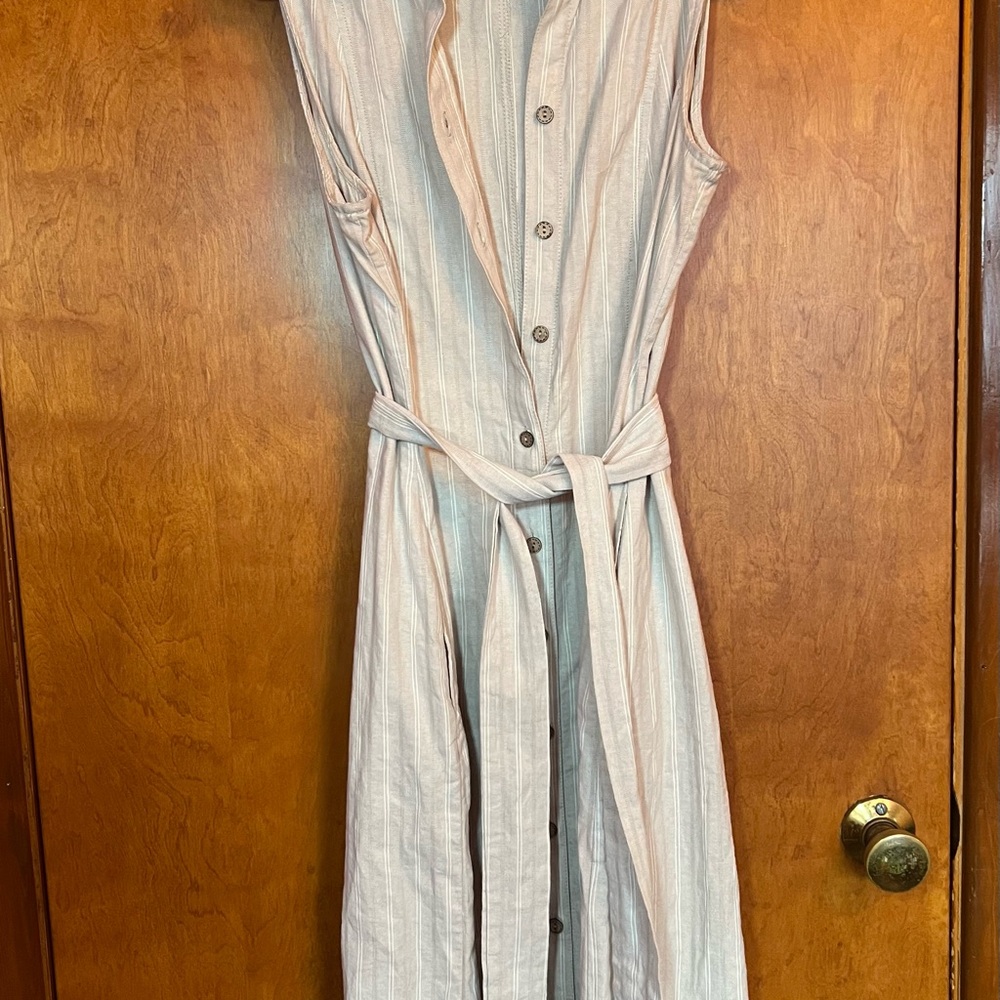 Anne Klein Sleeveless Striped Midi Dress in Light Beige and Cream